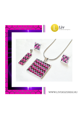 Fuxia, lila, ezüst, fekete mintás, kézműves fülbevaló és/vagy medál, nyaklánc 