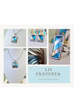 Türkiz, beige, ezüst, kézműves, négyzet fülbevaló és/vagy medál, nyaklánc  