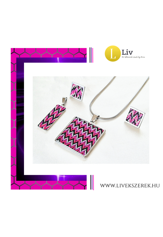 Fuxia, lila, ezüst, fekete mintás, kézműves fülbevaló és/vagy medál, nyaklánc 